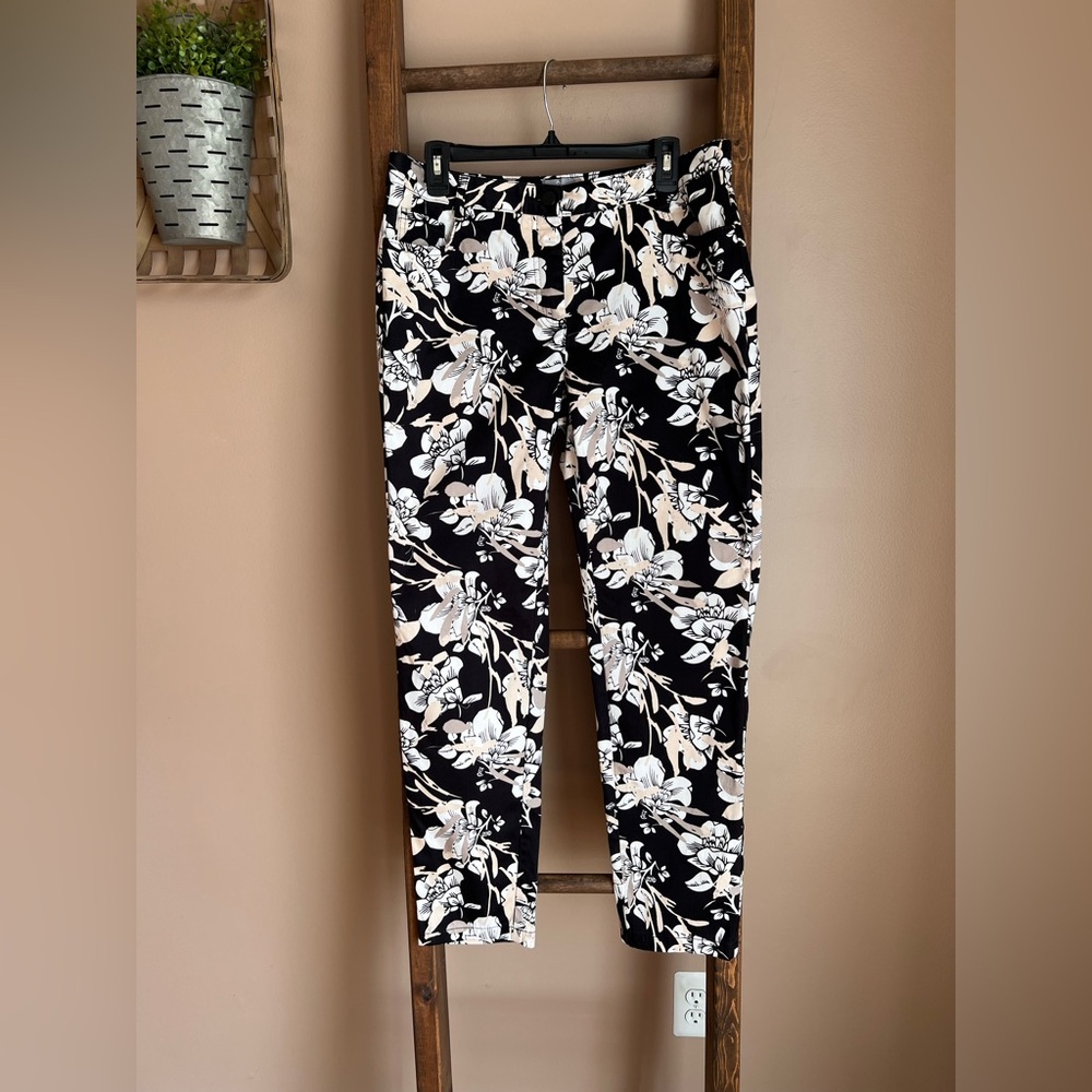 Black Floral Print Cotton Slim Pants